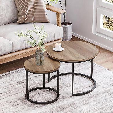 23.6" Round Nesting Coffee Table Set - Space-saving, Rustic Design, Multi-functional