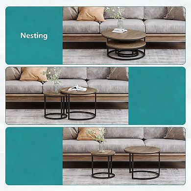 23.6" Round Nesting Coffee Table Set - Space-saving, Rustic Design, Multi-functional