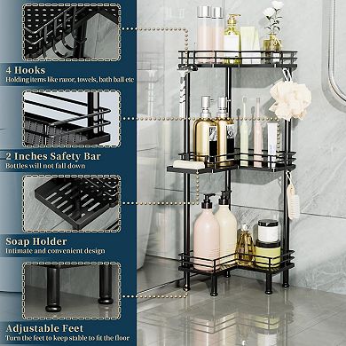 3-Tier Stainless Steel Shower Corner Rack with Hooks & Soap Holder