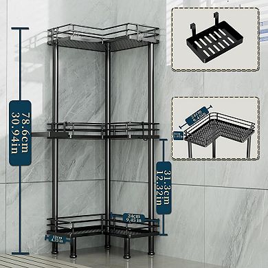 3-Tier Stainless Steel Shower Corner Rack with Hooks & Soap Holder