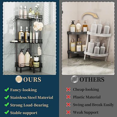 3-Tier Stainless Steel Shower Corner Rack with Hooks & Soap Holder