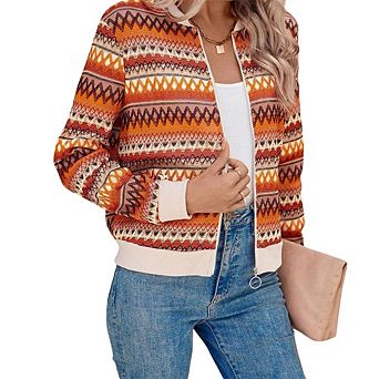 Orange Boho Striped Zip Up Long Sleeve Jacket