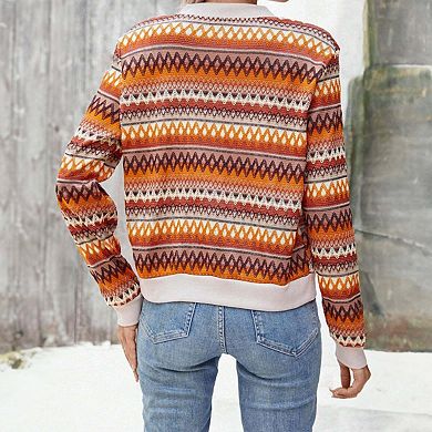 Orange Boho Striped Zip Up Long Sleeve Jacket