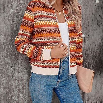 Orange Boho Striped Zip Up Long Sleeve Jacket