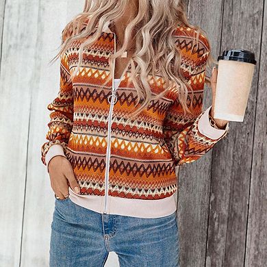 Orange Boho Striped Zip Up Long Sleeve Jacket