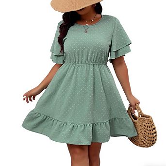 Women's Plus Size Round Neck Double Layer Short Sleeve Swiss Dot Elastic Waist Ruffle Hem Midi Dress