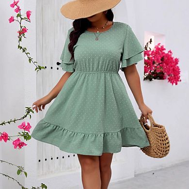Women's Plus Size Round Neck Double Layer Short Sleeve Swiss Dot Elastic Waist Ruffle Hem Midi Dress