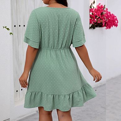 Women's Plus Size Round Neck Double Layer Short Sleeve Swiss Dot Elastic Waist Ruffle Hem Midi Dress