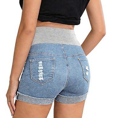 Women's Maternity Denim Shorts with High Rise Belly Panel Frayed Hem and Functional Pocket Design