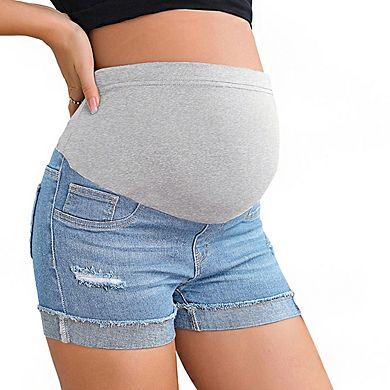 Women's Maternity Denim Shorts with High Rise Belly Panel Frayed Hem and Functional Pocket Design