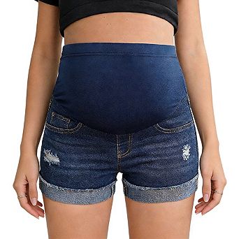Women's Maternity Denim Shorts with High Rise Belly Panel Frayed Hem and Functional Pocket Design