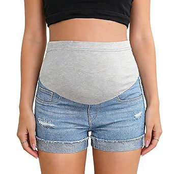 Women's Maternity Denim Shorts with High Rise Belly Panel Frayed Hem and Functional Pocket Design