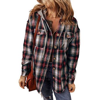 Plaid Print Chest Pocket Buttoned Hooded Shacket