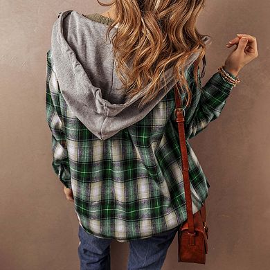 Plaid Print Chest Pocket Buttoned Hooded Shacket