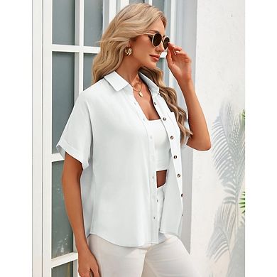 Womens Casual Faux Denim Button Down Shirts Short Sleeve Blouses Tops with Pocket