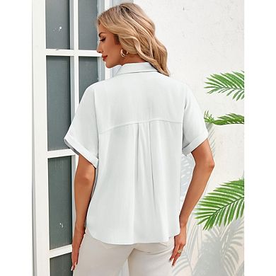 Womens Casual Faux Denim Button Down Shirts Short Sleeve Blouses Tops with Pocket
