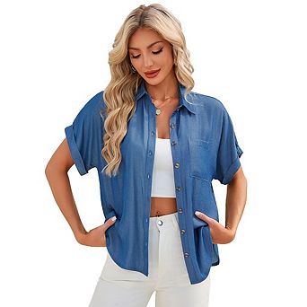 Womens Casual Faux Denim Button Down Shirts Short Sleeve Blouses Tops with Pocket