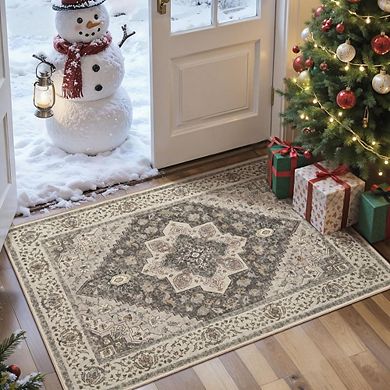 2x3 Washable Entryway Rug, Non-Slip Low Pile Door Mat, Grey/Multicolor