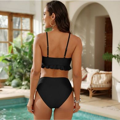 Women's Bikini Two Piece Set Gemstone Bead Decoration Boho Swimsuits Ruffle Top