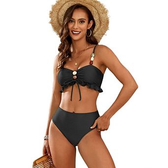 Women's Bikini Two Piece Set Gemstone Bead Decoration Boho Swimsuits Ruffle Top