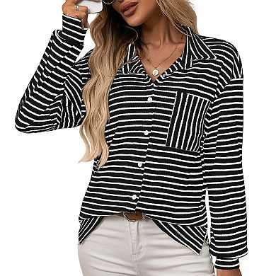 Women's Casual Waffle Knit Button Down Shirt Striped Long Sleeve Collared Blouse with Chest Pocket
