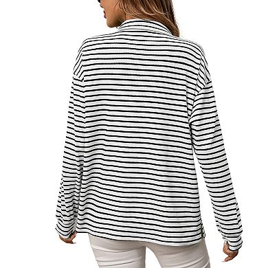 Women's Casual Waffle Knit Button Down Shirt Striped Long Sleeve Collared Blouse with Chest Pocket