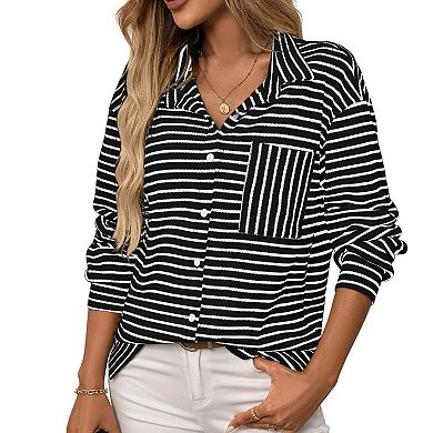 Women's Casual Waffle Knit Button Down Shirt Striped Long Sleeve Collared Blouse with Chest Pocket