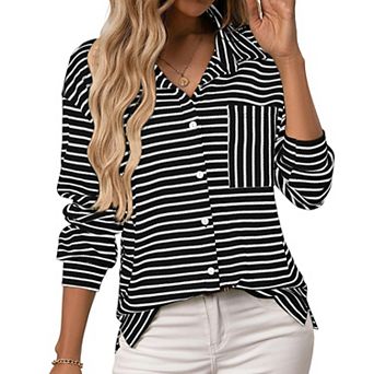 Women's Casual Waffle Knit Button Down Shirt Striped Long Sleeve Collared Blouse with Chest Pocket