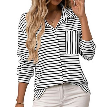 Women's Casual Waffle Knit Button Down Shirt Striped Long Sleeve Collared Blouse with Chest Pocket