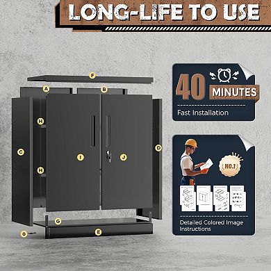 36" Black Metal Storage Cabinet with 2 Adjustable Shelves & Lock