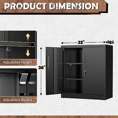 36" Black Metal Storage Cabinet with 2 Adjustable Shelves & Lock