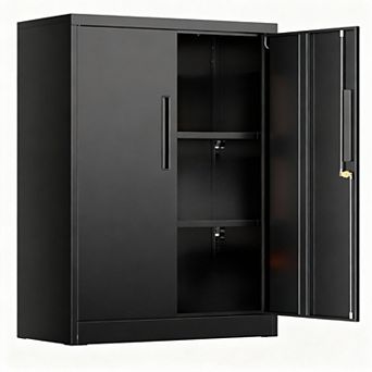 36" Black Metal Storage Cabinet with 2 Adjustable Shelves & Lock