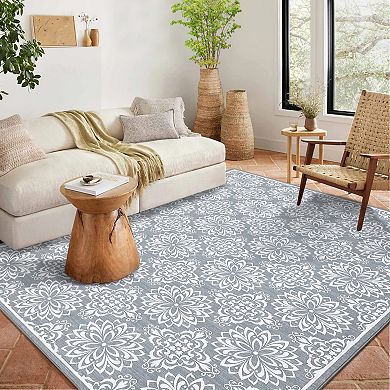 Vintage Damask Area Rug Machine Washable Vacuum Clean Ultra Thin Stain Resistant Carpet for Bedroom