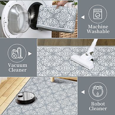 Vintage Damask Area Rug Machine Washable Vacuum Clean Ultra Thin Stain Resistant Carpet for Bedroom