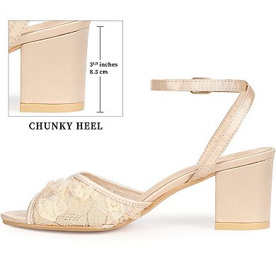 Women's Lace Satin Open Toe Ankle Strap Chunky Heels Sandals