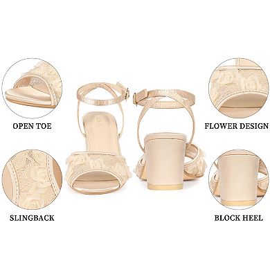 Women's Lace Satin Open Toe Ankle Strap Chunky Heels Sandals