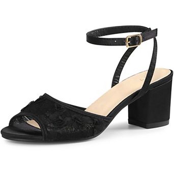 Women's Lace Satin Open Toe Ankle Strap Chunky Heels Sandals