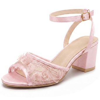 Women's Lace Satin Open Toe Ankle Strap Chunky Heels Sandals