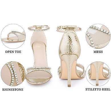 Women's Rhinestone Open Toe Mesh Stiletto Heels Ankle Strap Sandals