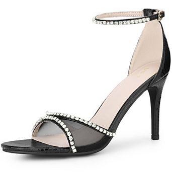 Women's Rhinestone Open Toe Mesh Stiletto Heels Ankle Strap Sandals