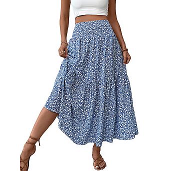 Women's Smocked Waist Tiered Floral Lightweight Casual Maxi Skirt