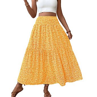 Women's Smocked Waist Tiered Floral Lightweight Casual Maxi Skirt