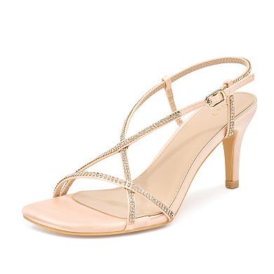 Women's Satin Rhinestone Heels Crisscross Strap Stiletto Heel Square Toe Sandals
