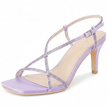 Women's Satin Rhinestone Heels Crisscross Strap Stiletto Heel Square Toe Sandals