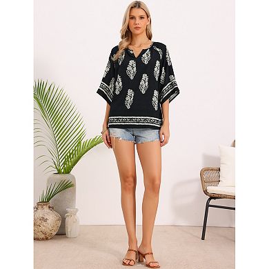 Summer Tops for Women 3/4 Sleeve Notched V Neck Leaves Print Boho Blouses