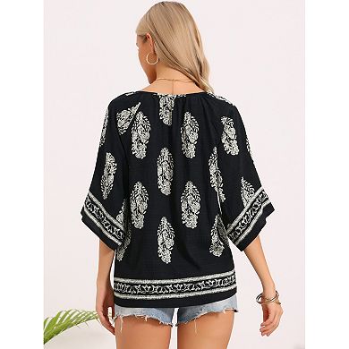 Summer Tops for Women 3/4 Sleeve Notched V Neck Leaves Print Boho Blouses