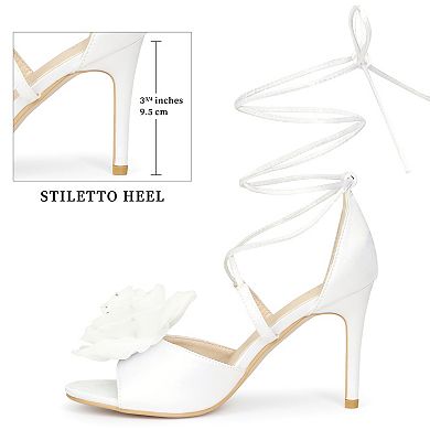 Women's Rhinestone Flower Lace Up Stiletto Heel Sandals