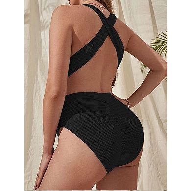 Womens Crew Neck Swiss Dot Maternity Tank Suit One Piece Solid Summer Vacation Swimwear