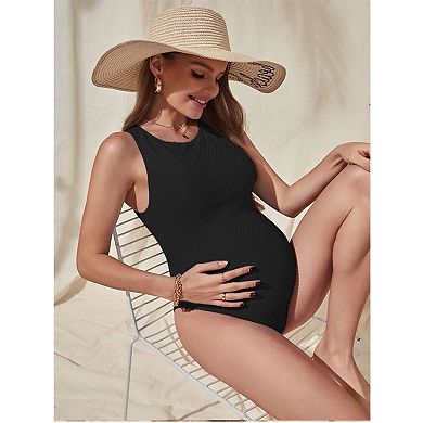 Womens Crew Neck Swiss Dot Maternity Tank Suit One Piece Solid Summer Vacation Swimwear