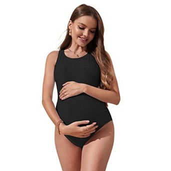 Womens Crew Neck Swiss Dot Maternity Tank Suit One Piece Solid Summer Vacation Swimwear